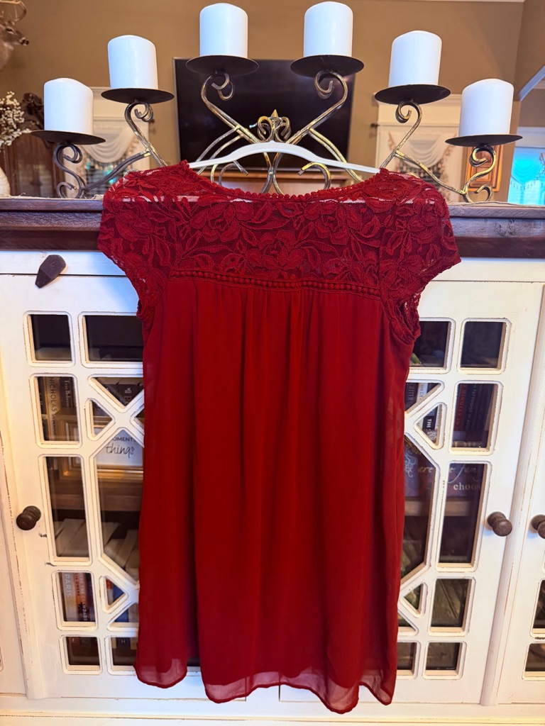 Aqua Deep Red Lace Yoke Chiffon Formal Dress